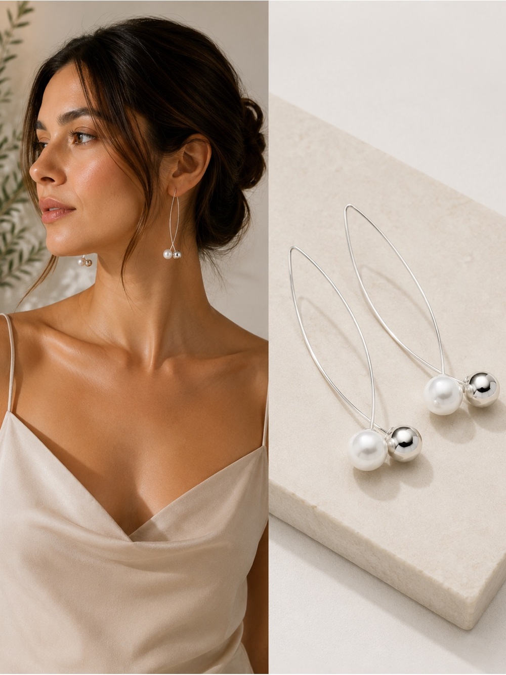 Minimal Pearl Drop Hoop Earrings - Silver